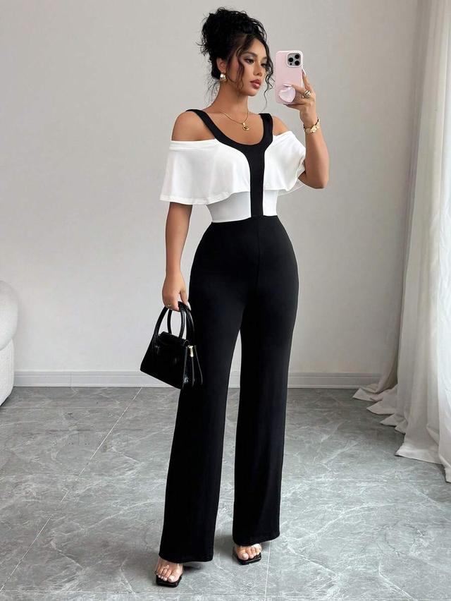 elegant contrasting color splice off-shoulder jumpsuit