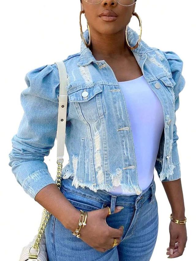 women's long puff sleeve distressed denim jacket