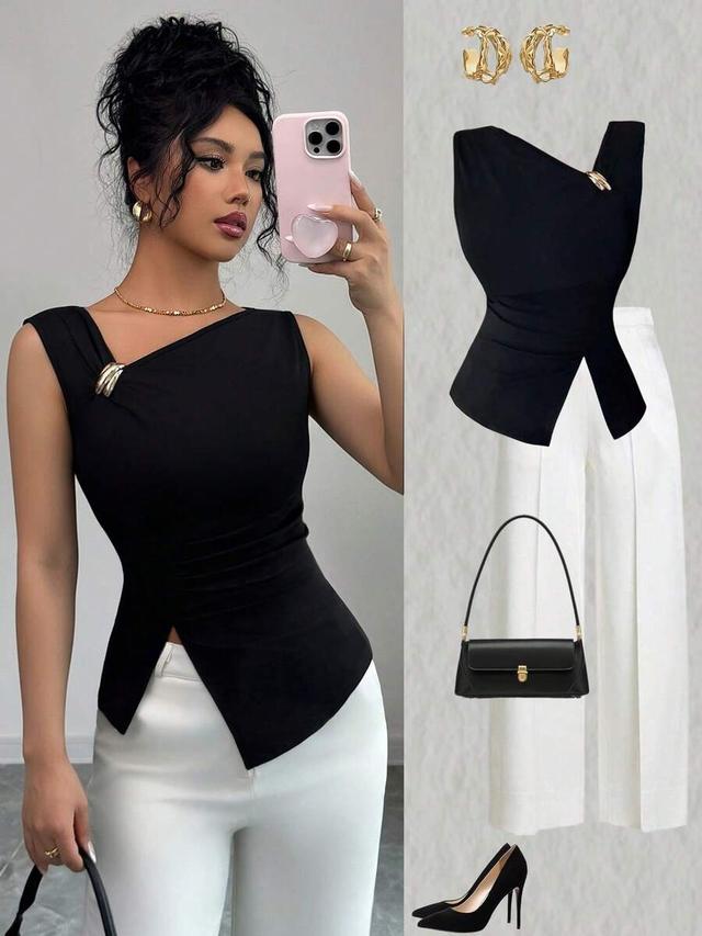 solid black minimalist sleeveless tank with side ruching