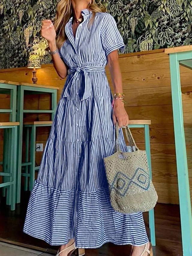 blue and white striped belted tiered shirt dress