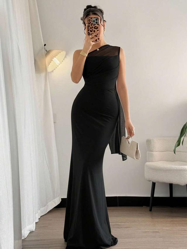 black asymmetric shoulder tight long evening gown