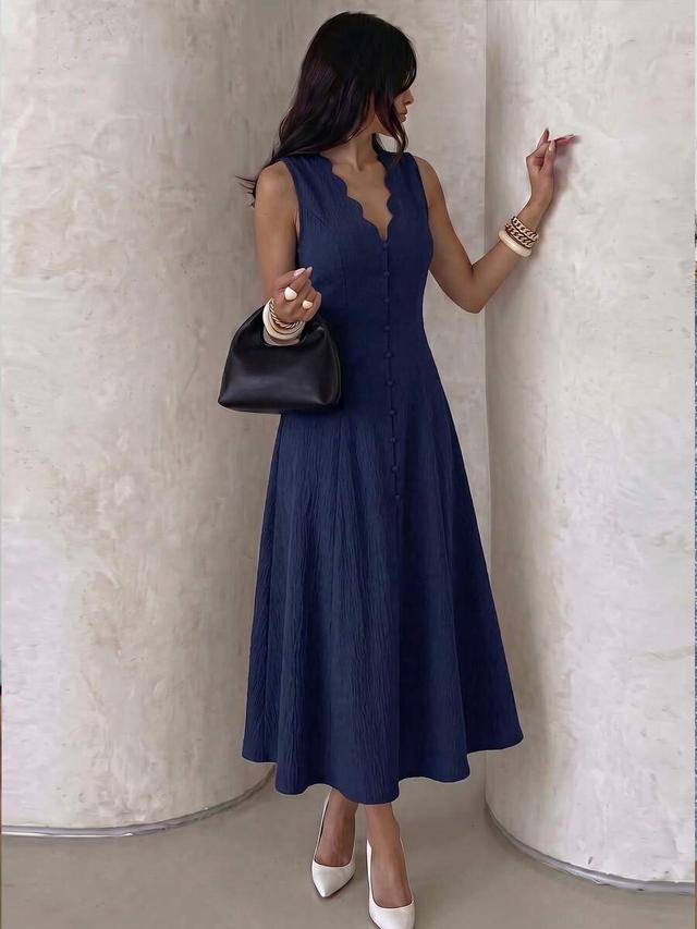 navy blue sleeveless textured button-front a-line midi dress