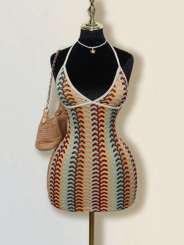 multicolor chevron knit halter mini dress