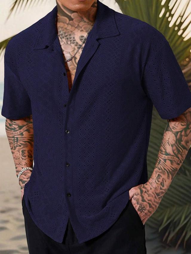 navy blue geometric textured jacquard short-sleeve shirt