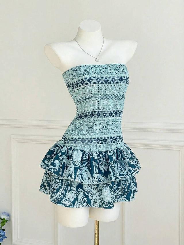 paisley print strapless smocked mini dress