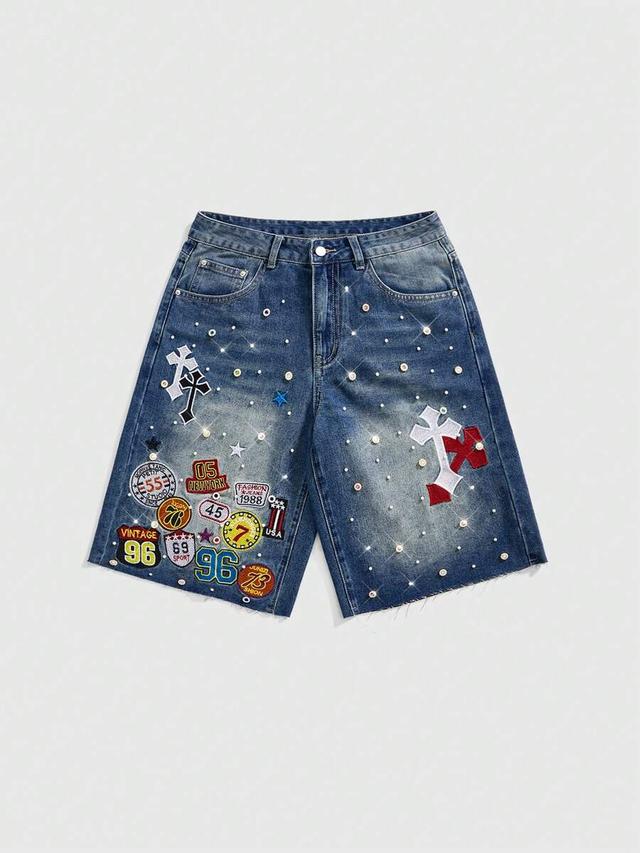 distressed denim shorts with patches and rhinestone embellishments