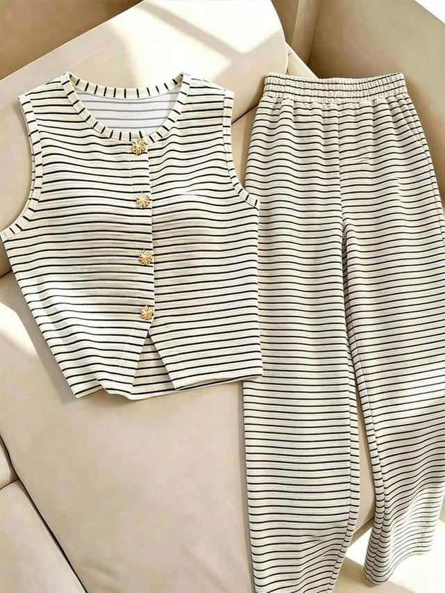 apricot striped sleeveless top and trousers set