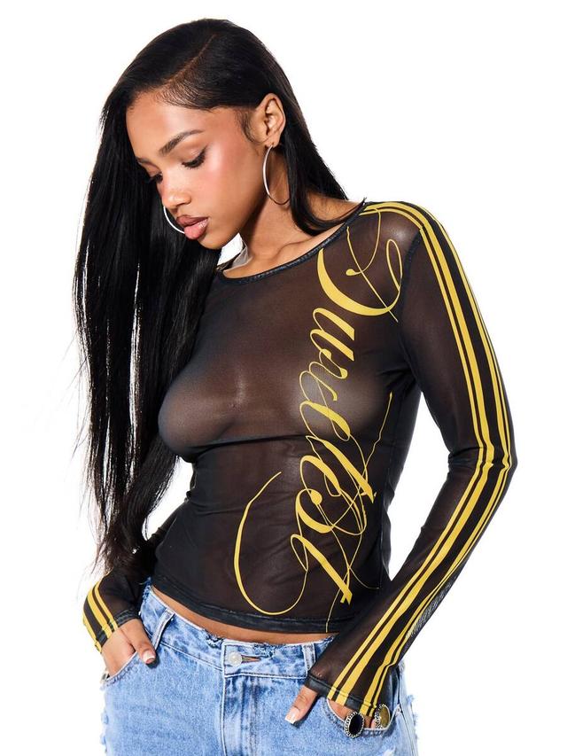 sheer mesh long sleeve top with yellow script print