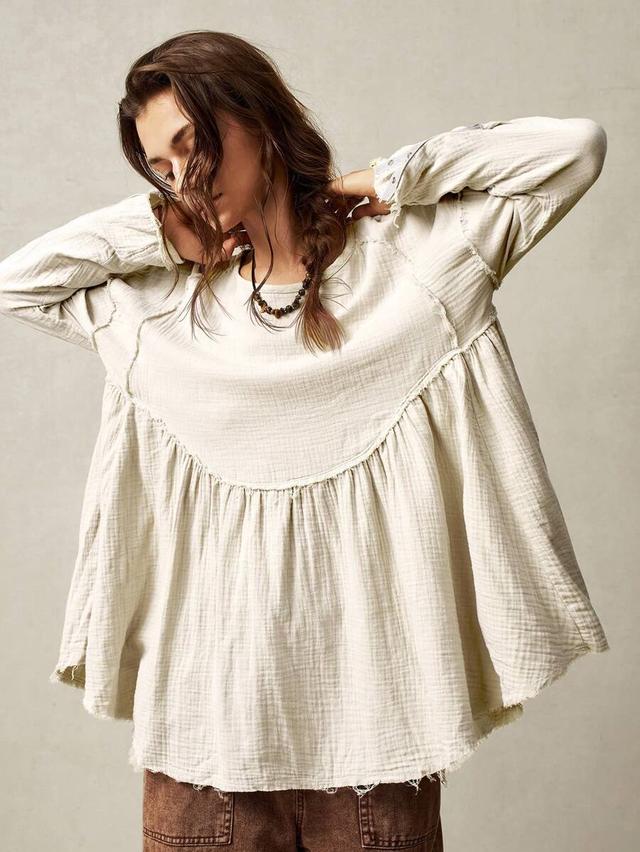bohemela vacation solid woven loose fit long sleeve blouse