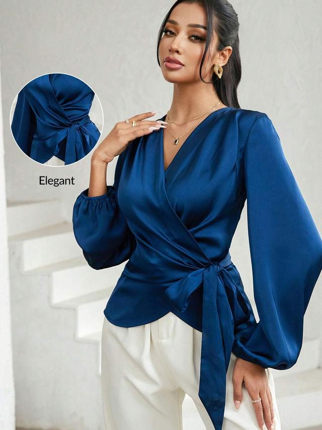 navy blue silk wrap tie lantern sleeve blouse