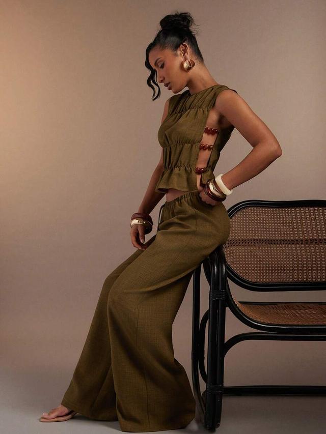 olive green wide leg linen trousers