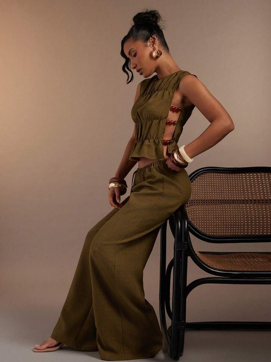 olive green wide leg linen trousers