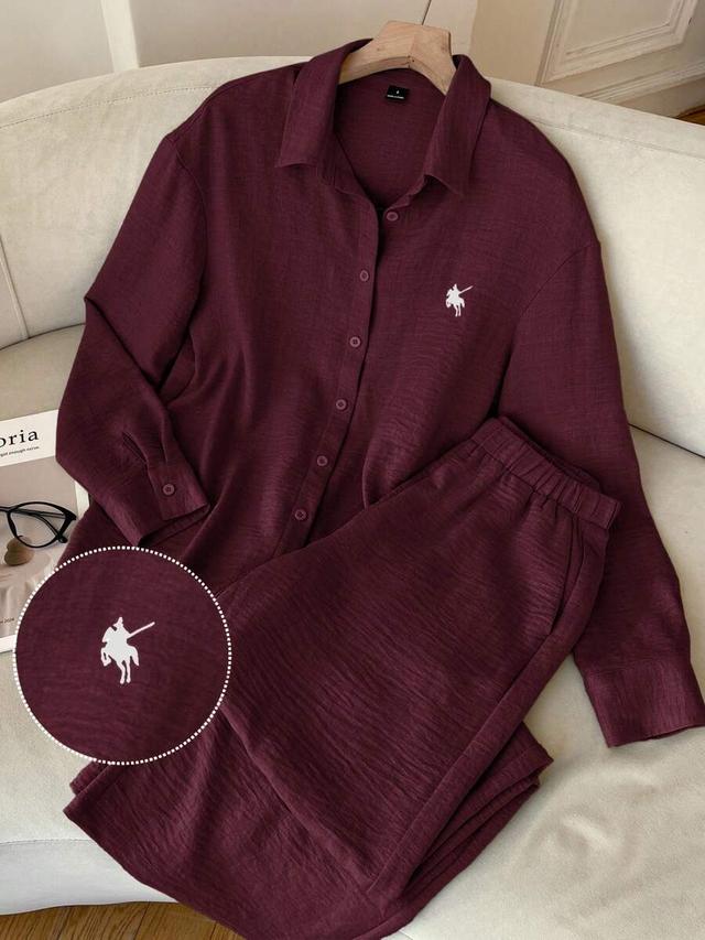 burgundy woven knight embroidery long sleeve shirt and pants