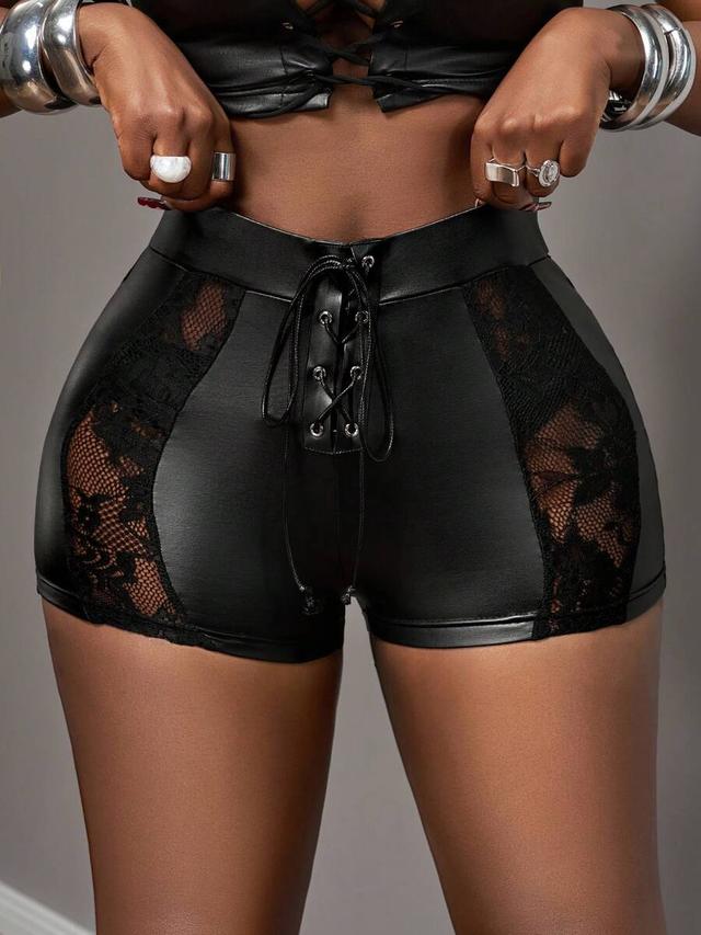 black lace patchwork pu leather front tie shorts