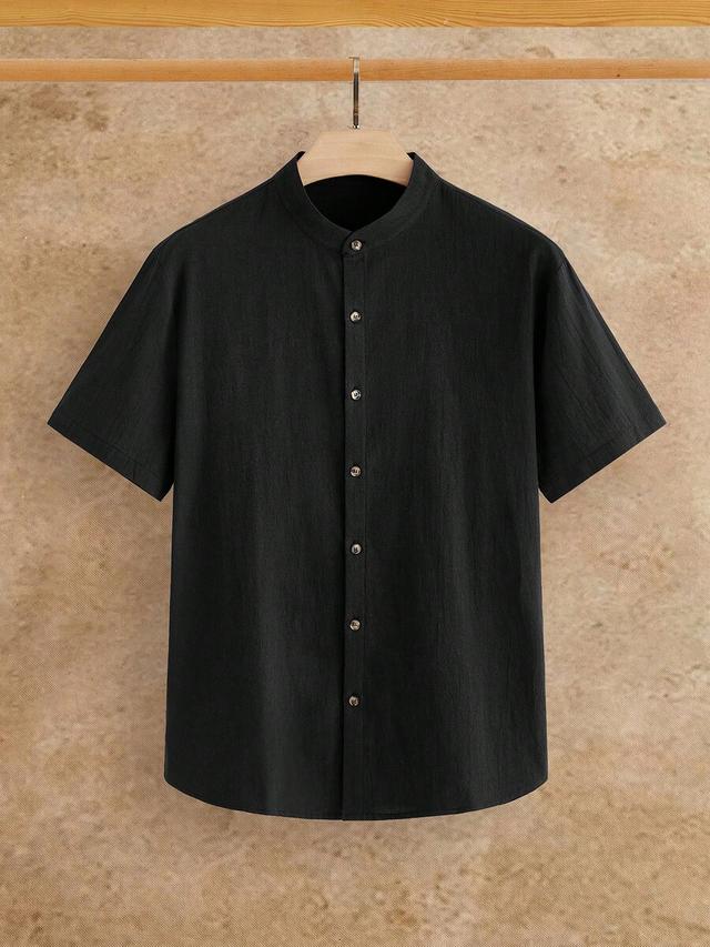 premium nature black short sleeve band collar shirt