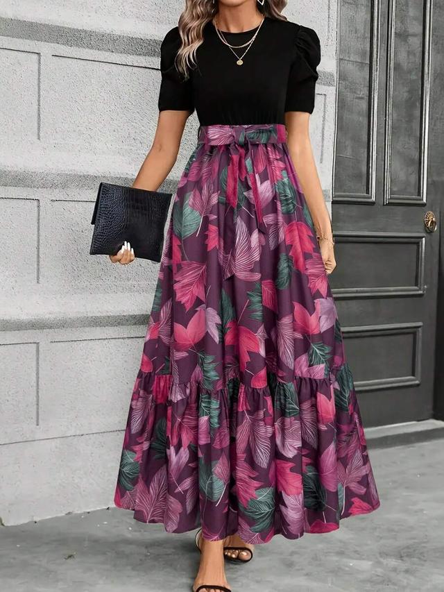 elegant leaf print midi dress with puff sleeves