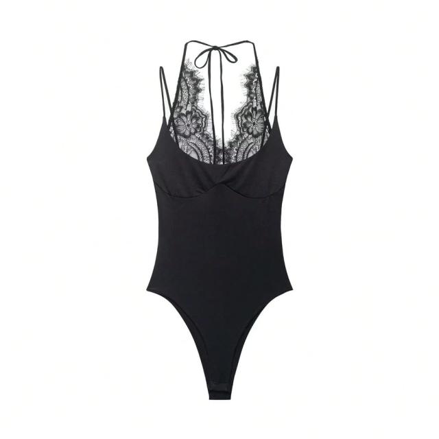 black contrast lace halter bodysuit