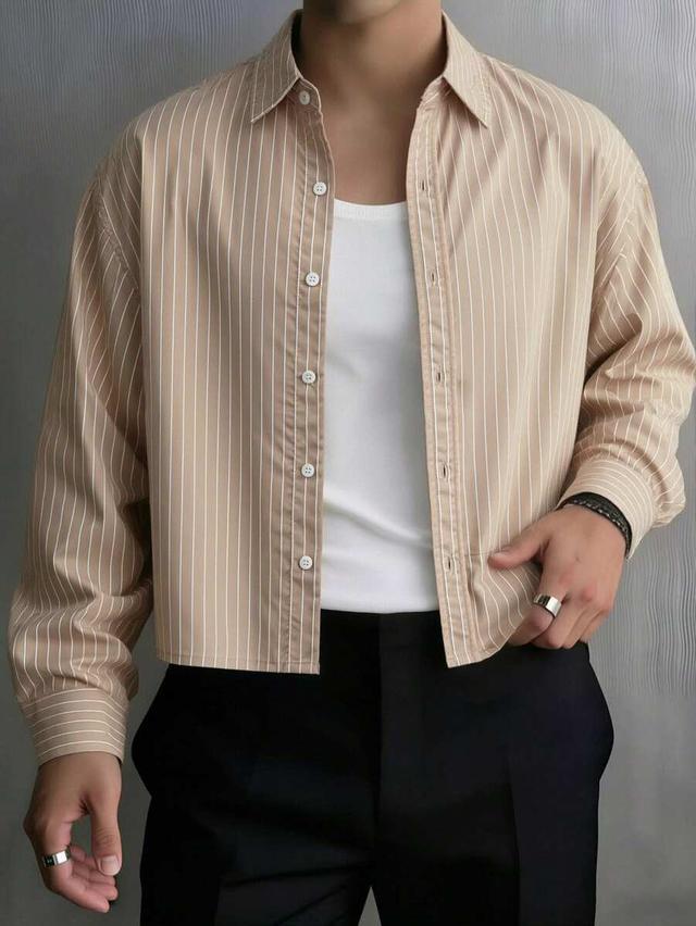men's beige striped casual short sleeve shirt