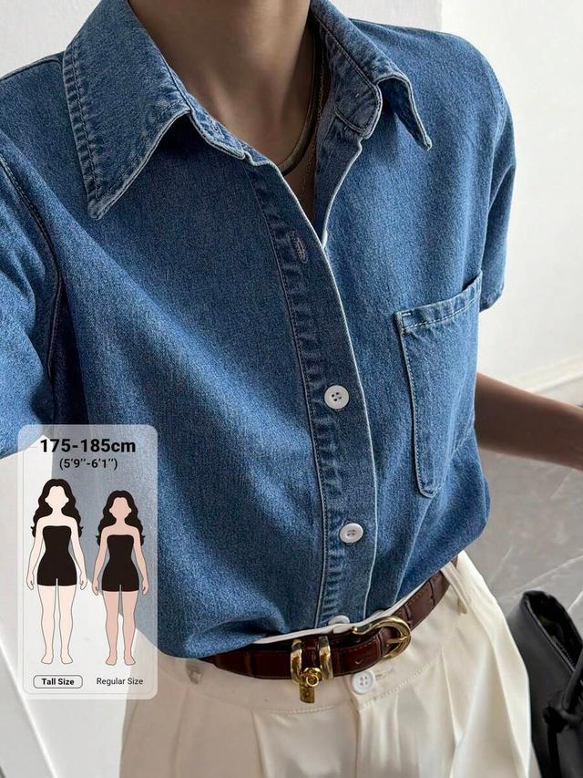 women's short sleeve button-down denim shirt