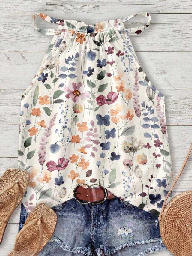 rusticease women's retro boho floral halter neck camisole