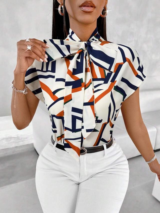 geometric print bow tie blouse