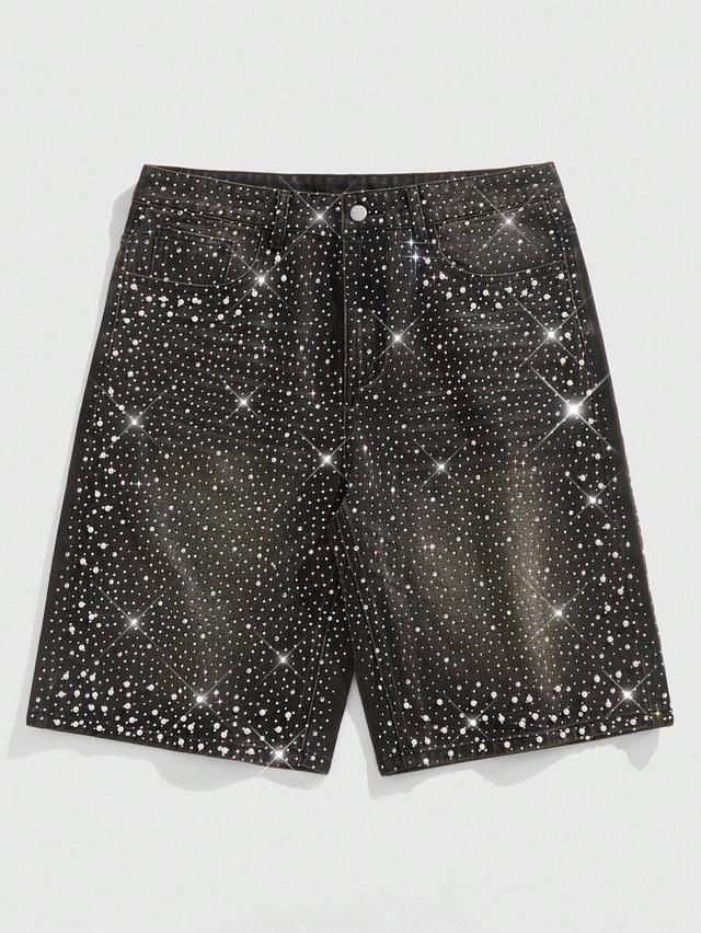 black denim shorts with pearl and rhinestone embellishment