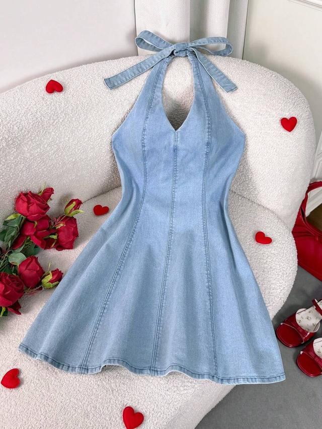 light wash denim halter neck mini dress