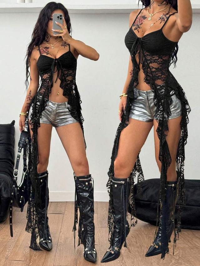 black lace y2k style tie-front camisole top