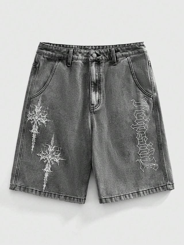 grey embroidered denim shorts with gothic cross design