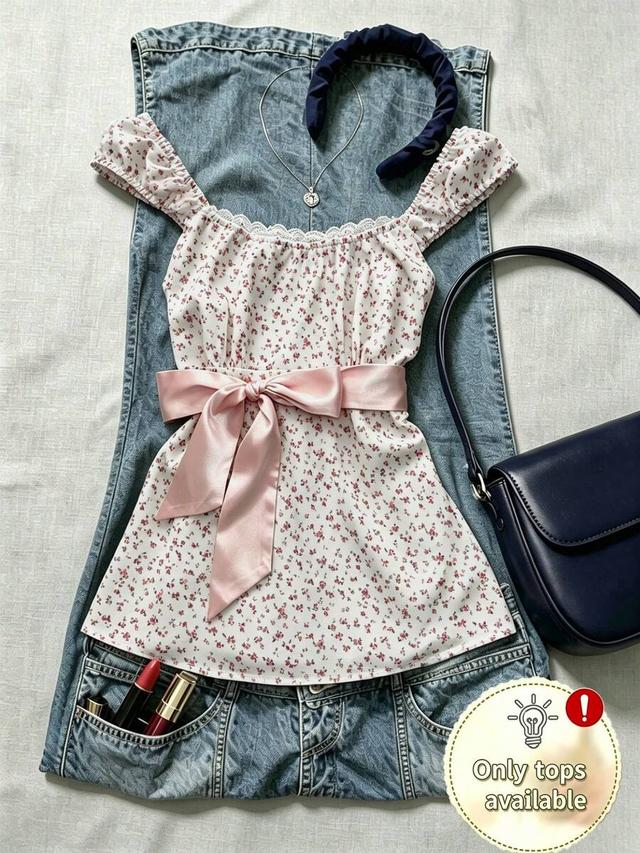 islasuriya navy blue polka dot square neck puff sleeve tie waist blouse