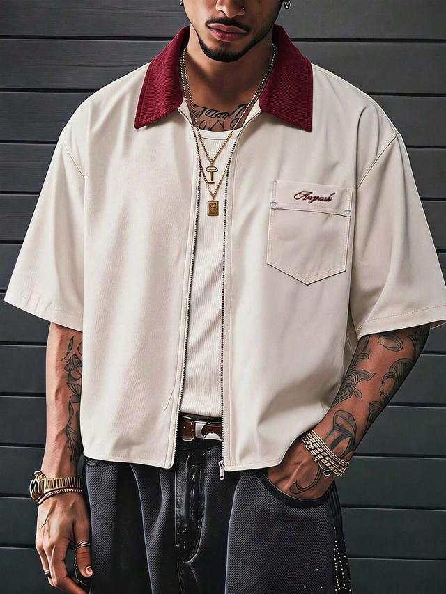beige short sleeve zipper placket casual shirt