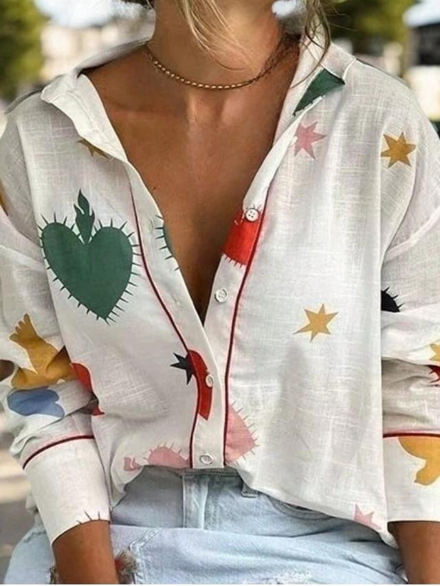 women's fashionable loose textured collared shirt with print