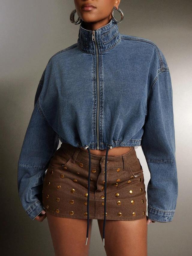 cropped denim zip-up jacket with mock neck