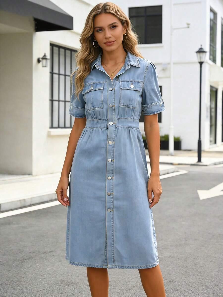 women's short sleeve collar denim dress