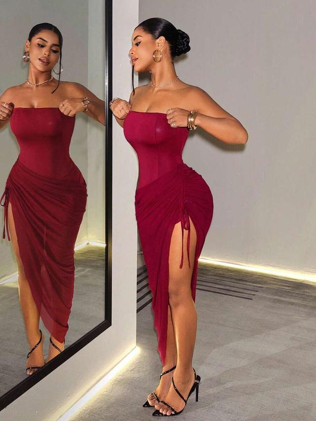 burgundy ruched side slit strappy bandeau midi dress