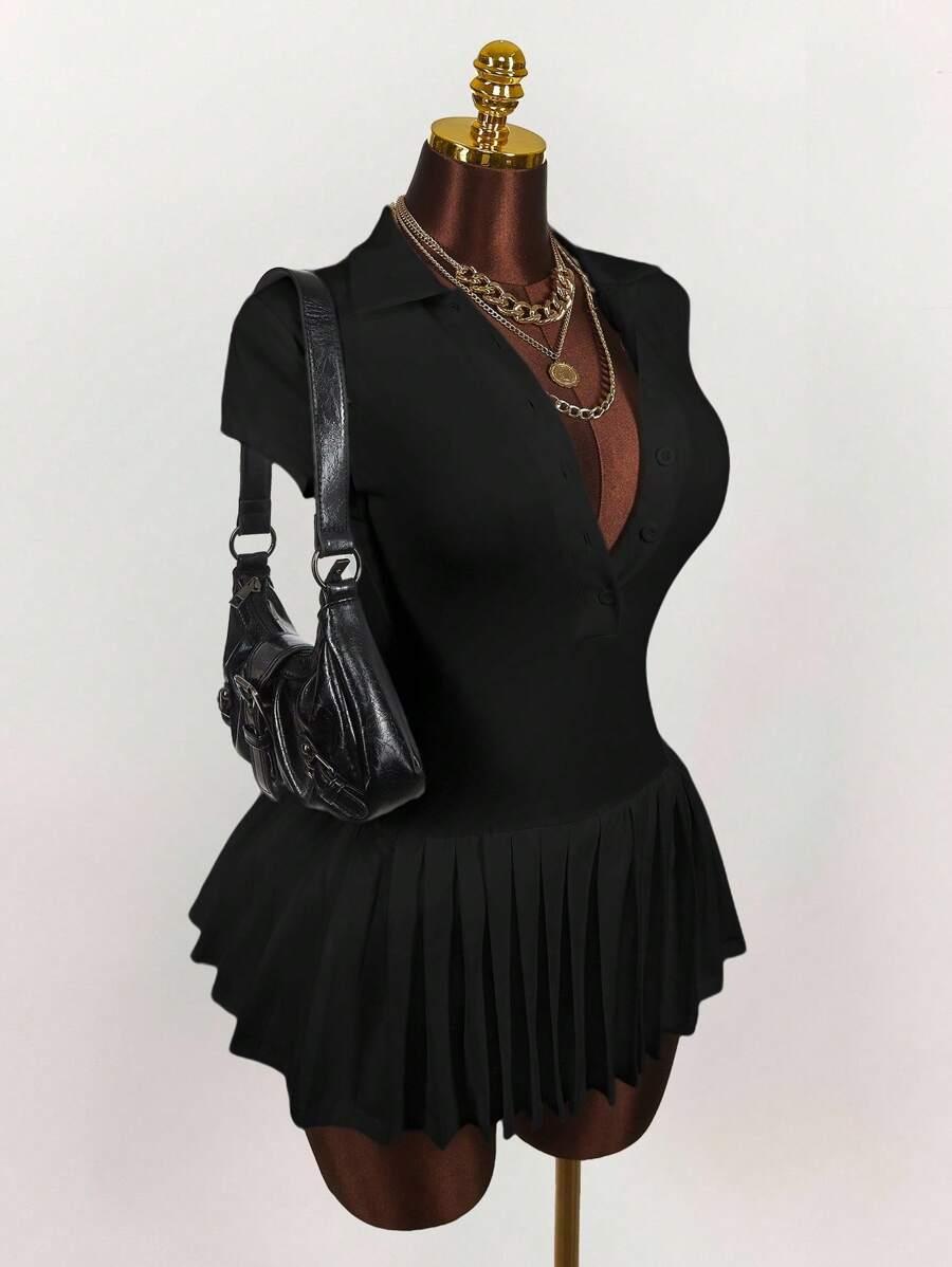 black polo collar deep v pleated hem mini dress