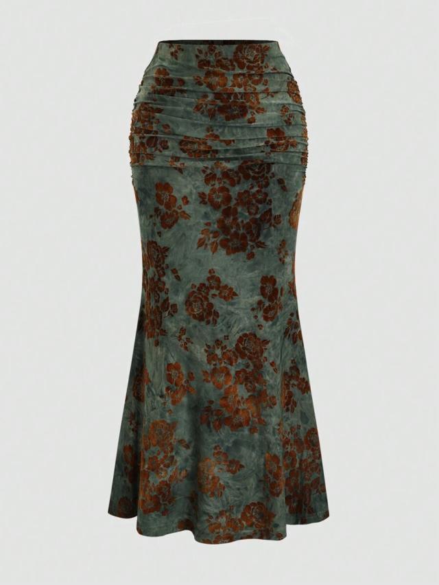 vintage flocked floral print fishtail maxi skirt