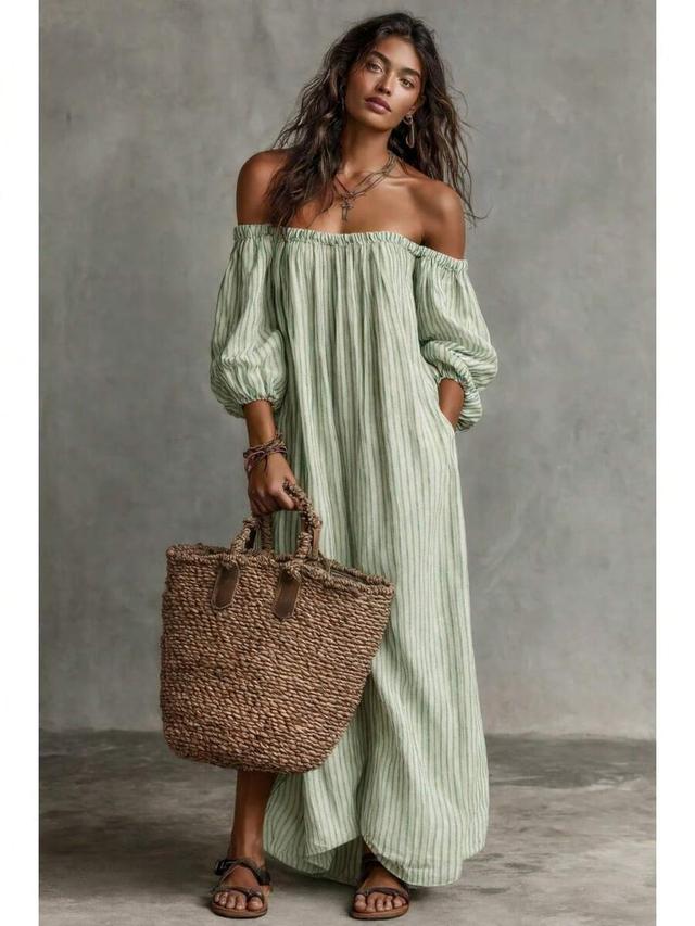 light green striped off-shoulder linen blend maxi dress