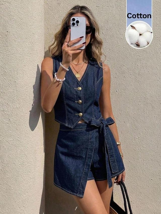dark denim vest with matching wrap skort