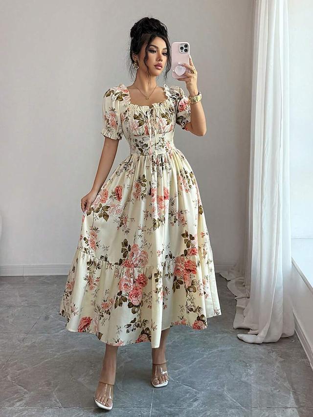 floral print puff sleeve ruffle hem waist cinched dress