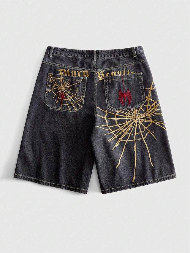 loose fit black denim shorts with spider embroidery