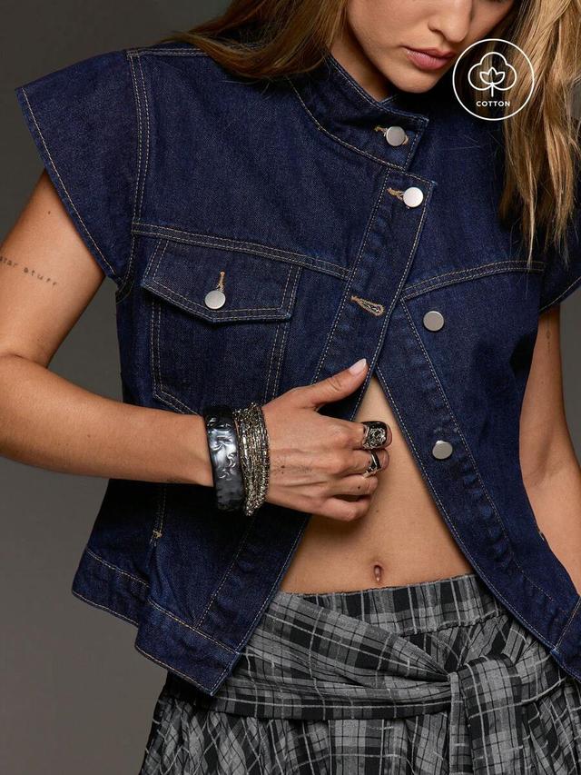fitted asymmetrical denim cap sleeve top