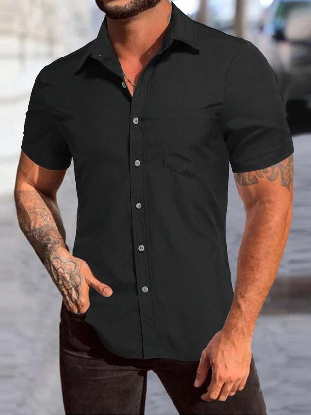 solid black short sleeve button up shirt