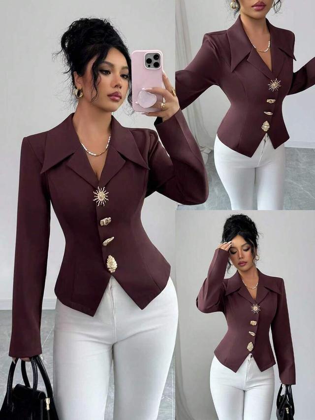 elenzga women's elegant metallic decor collar slim fit blouse