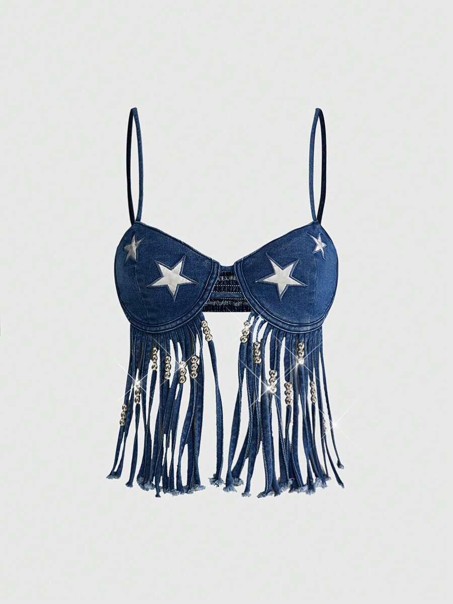 denim star patch fringe camisole top