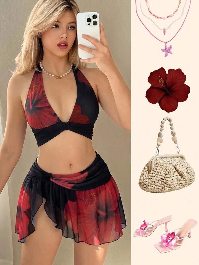 floral print halter crop top and mini skirt set
