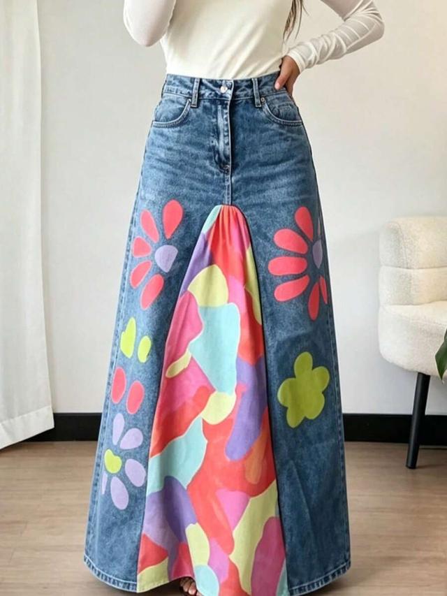 women's casual flared denim skirt with colorful floral print