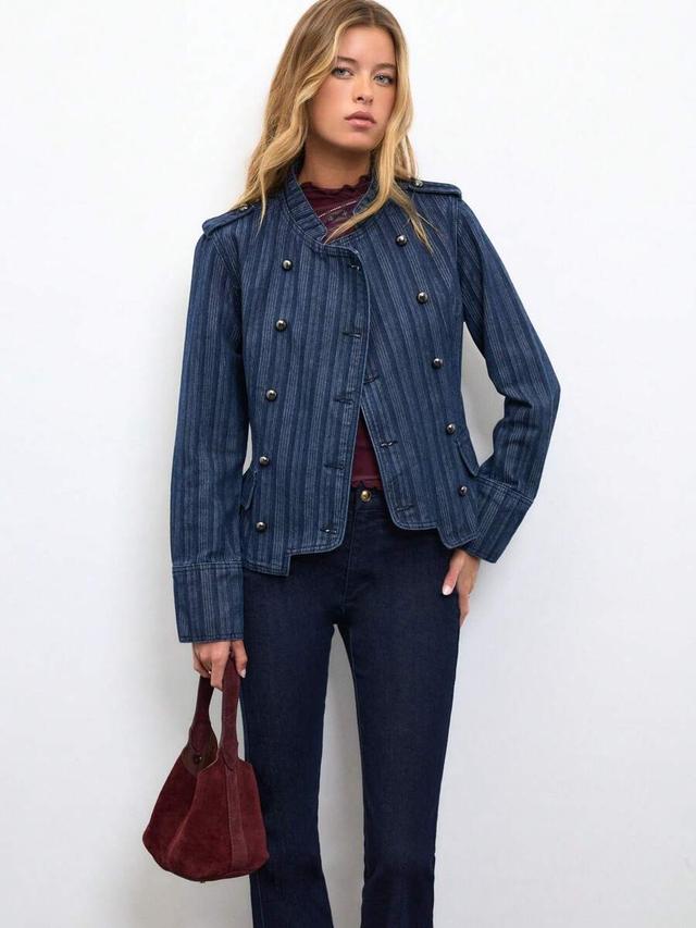 striped denim military style double breasted jacket