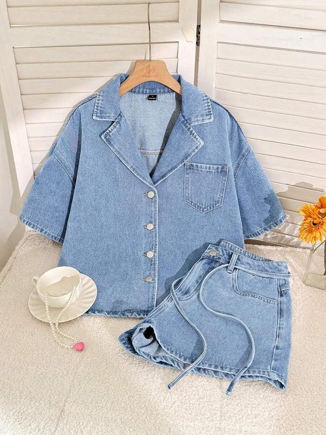 casual denim short sleeve shirt and shorts set