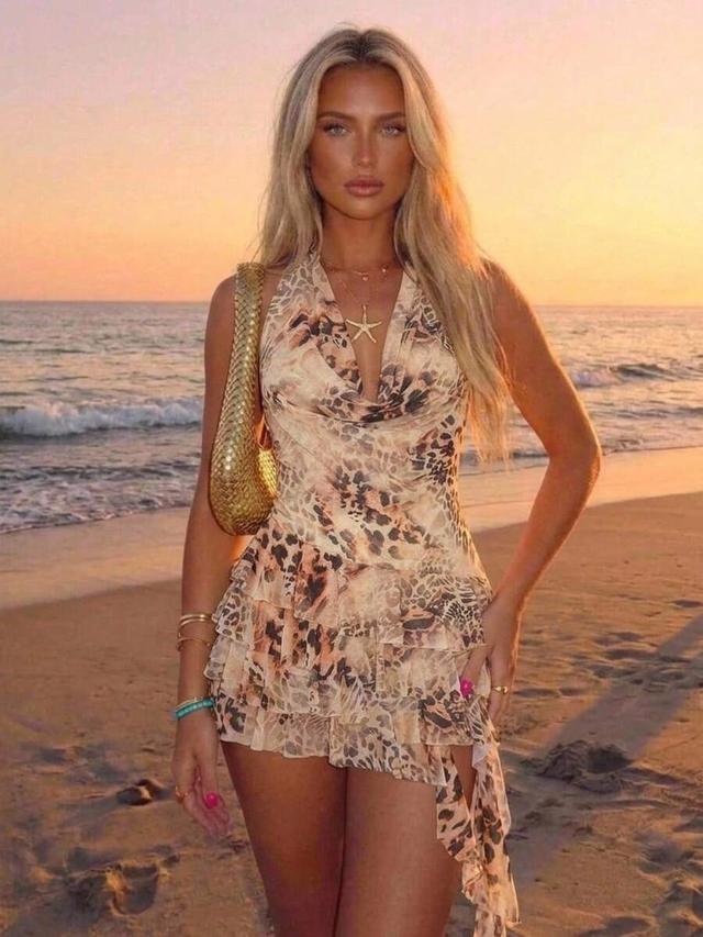 leopard print cowl neck ruffled mini dress